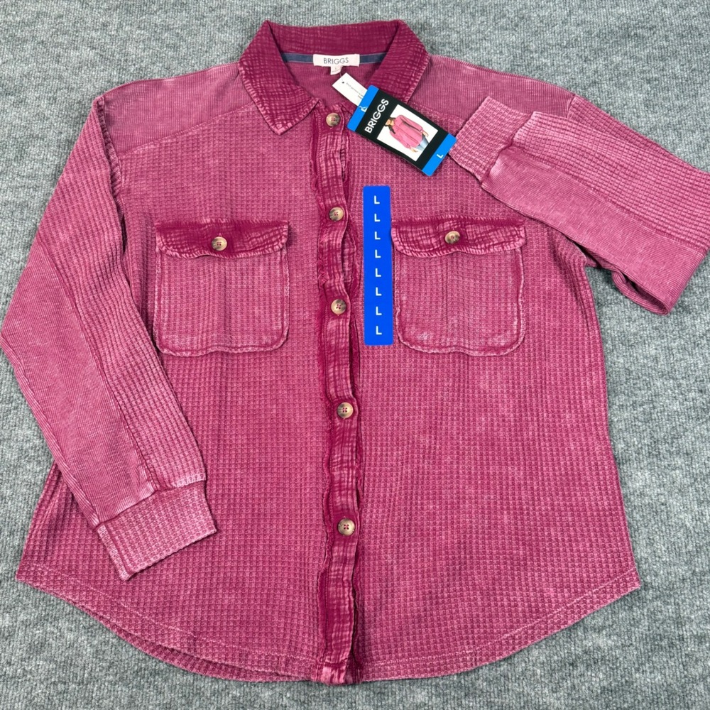 BRIGGS Large Waffle Knit Long Sleeve Button Down Shirt Shacket Thermal NEW GIFT